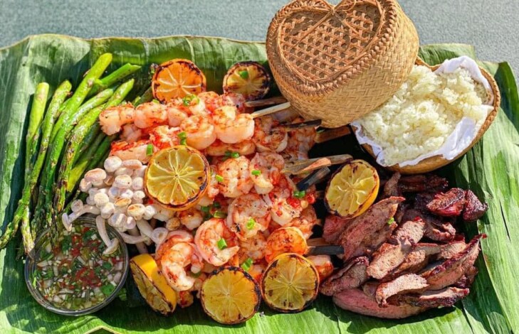 Grilled shrimps and steaks